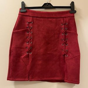Red velvet skirt with front ties